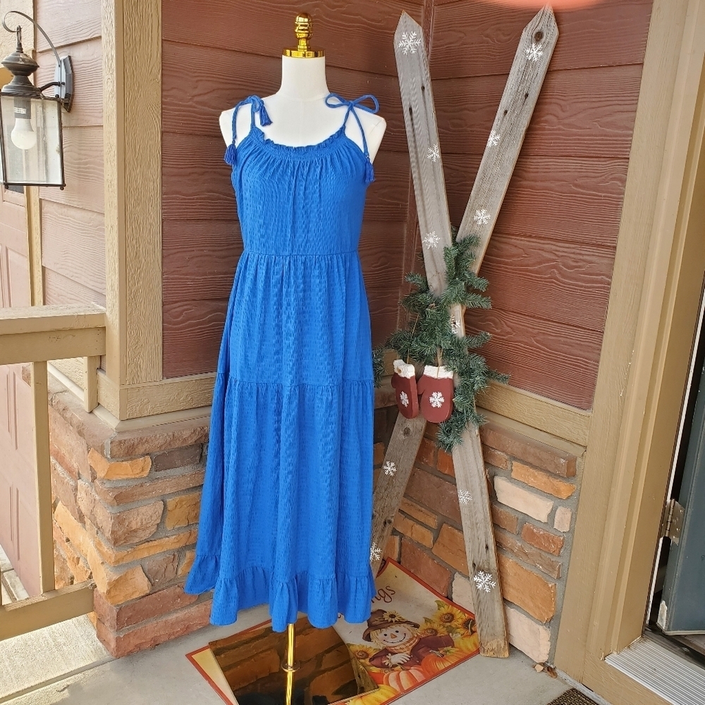 LOFT Beach Vibrant Royal Blue Tiered Ruffle Midi Dress Women's Size Small NWOT